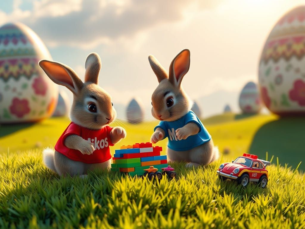 Whimsical Rabbits at Play in a Fantastical Easter Egg Landsc...