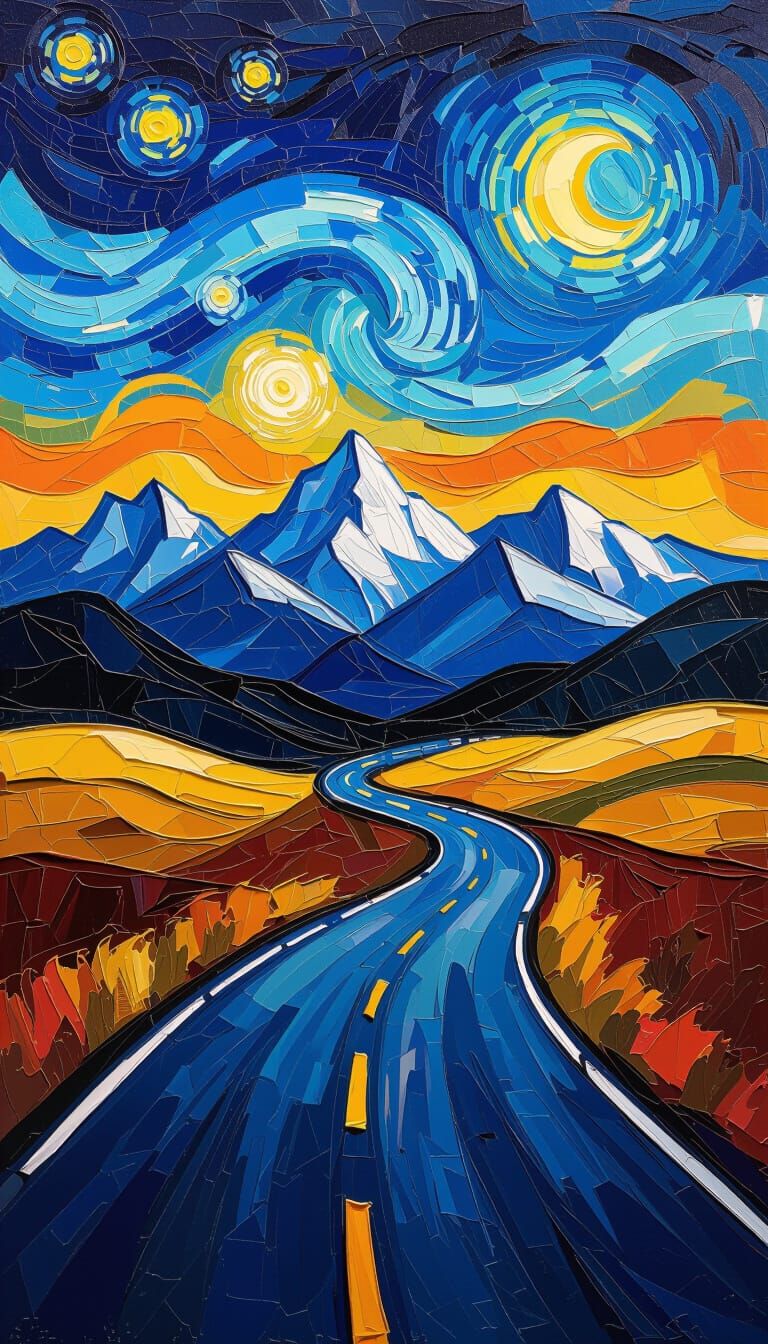 Pop Art Impasto: Winding Road to Mountains at Night