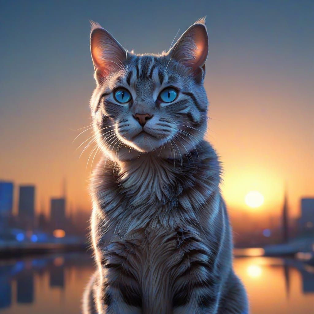Chrome Cat in Futuristic Sunset, Digital Art