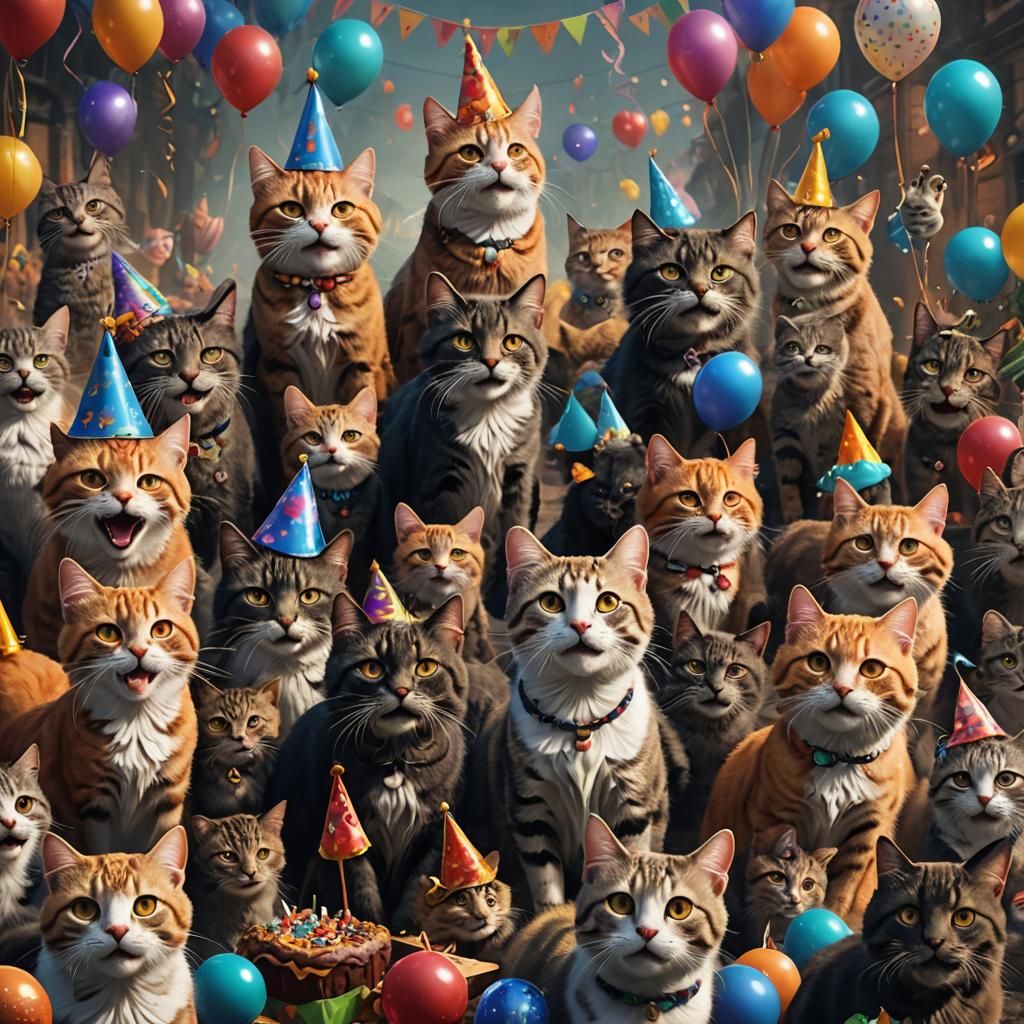 Cats Celebrate Birthday in Detailed Fantasy Art