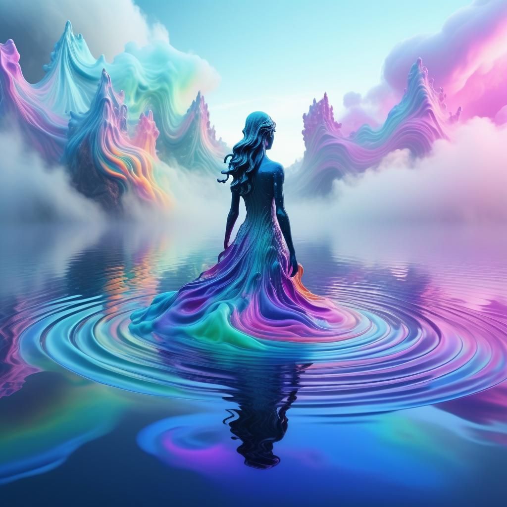 Surreal Water Fairy Rising from Colorful Fluid Lake