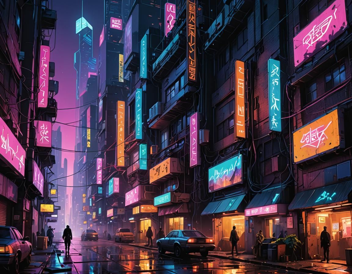 Cyberpunk Cityscape with Neon Lights and Glitch Art
