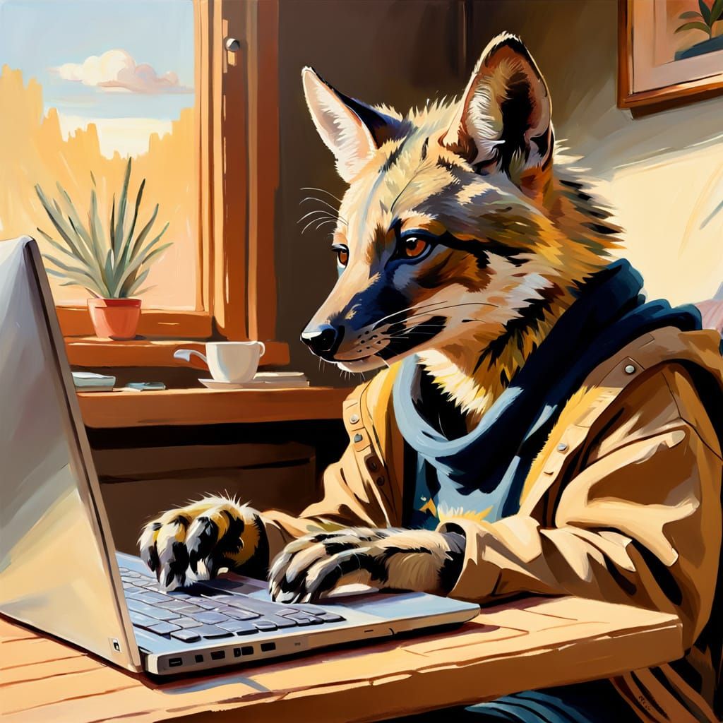 Woman Working at Home with Aardwolf in Impressionist Style