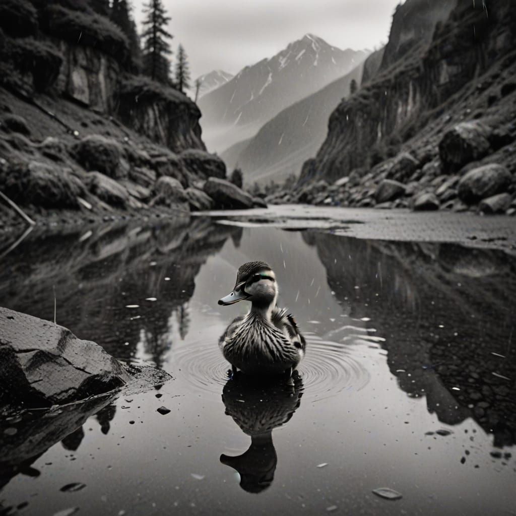 Duckling in Rainy Mountainscape: Black and White Photography