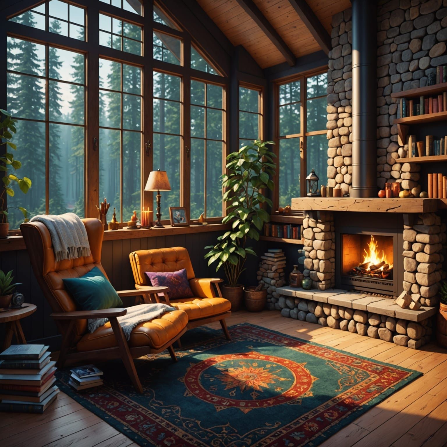 Cozy Atrium Reading Nook with Fireplace