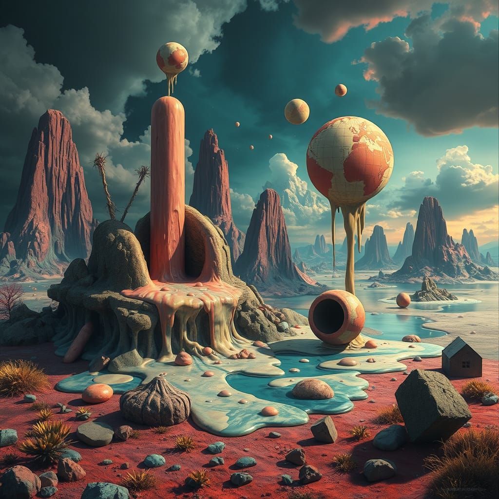 Surreal Landscapes with Melting Objects in Vibrant Colors