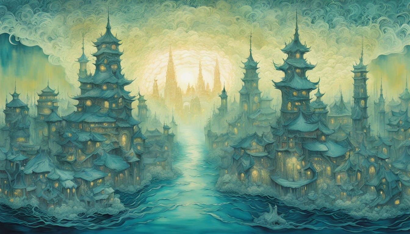 Underwater Metropolis in Yoshitaka Amano Style