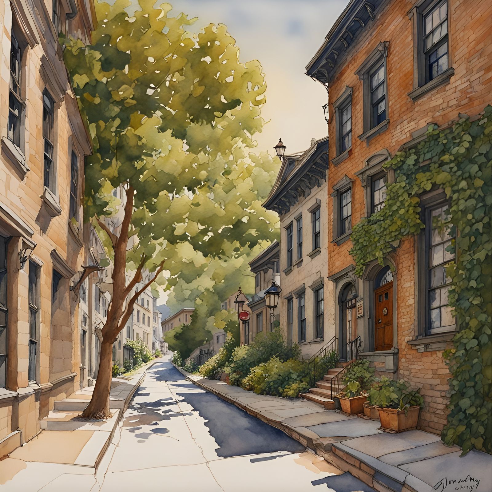 Historic Buildings on Winding Street: Watercolor Painting
