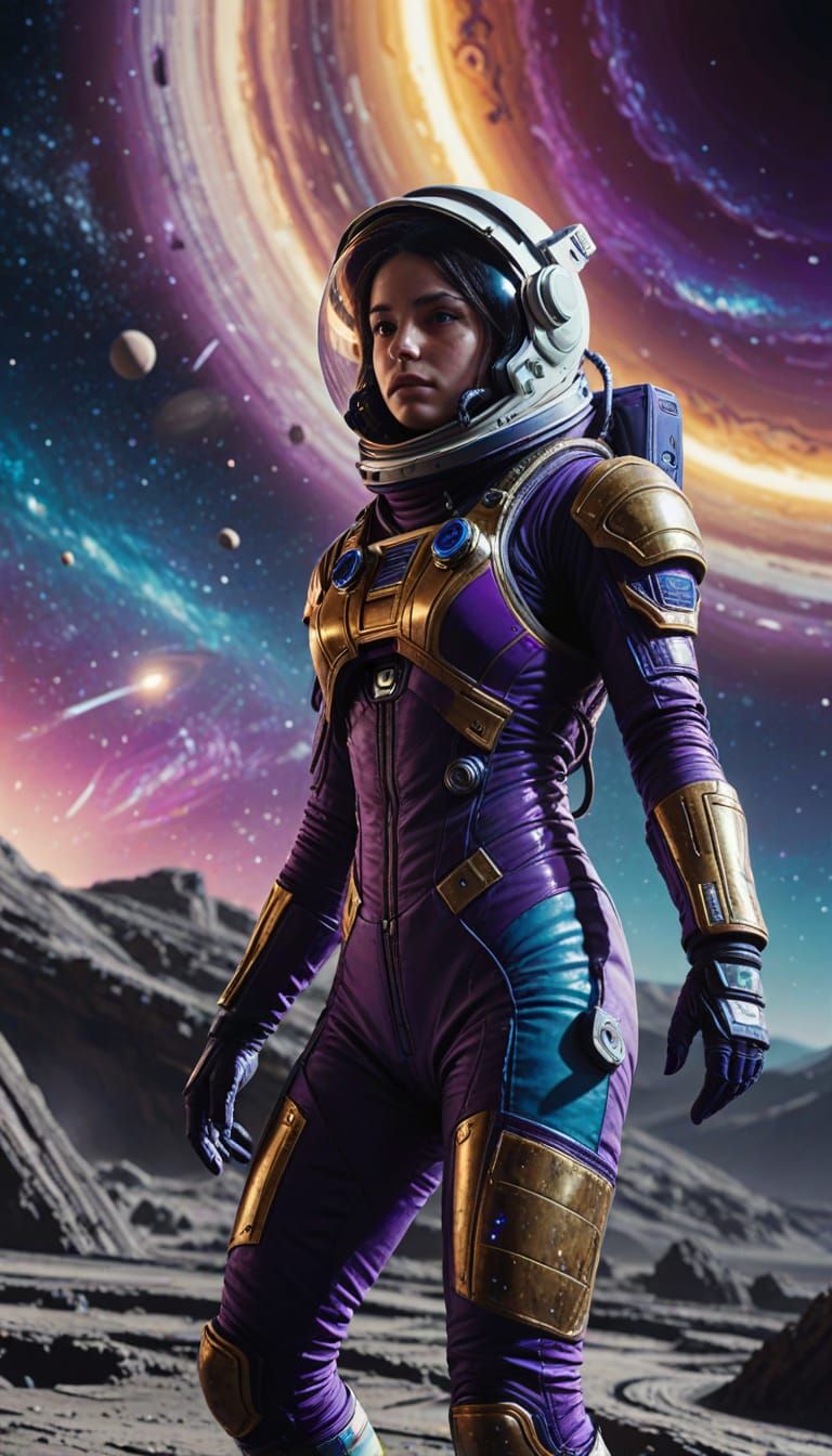 Astronaut Walks on Saturn's Rings in Cosmic Punk Style