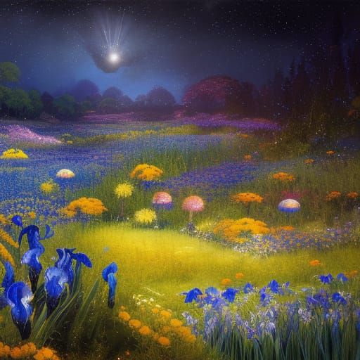 Enchanted Flower Meadow Under Starry Night