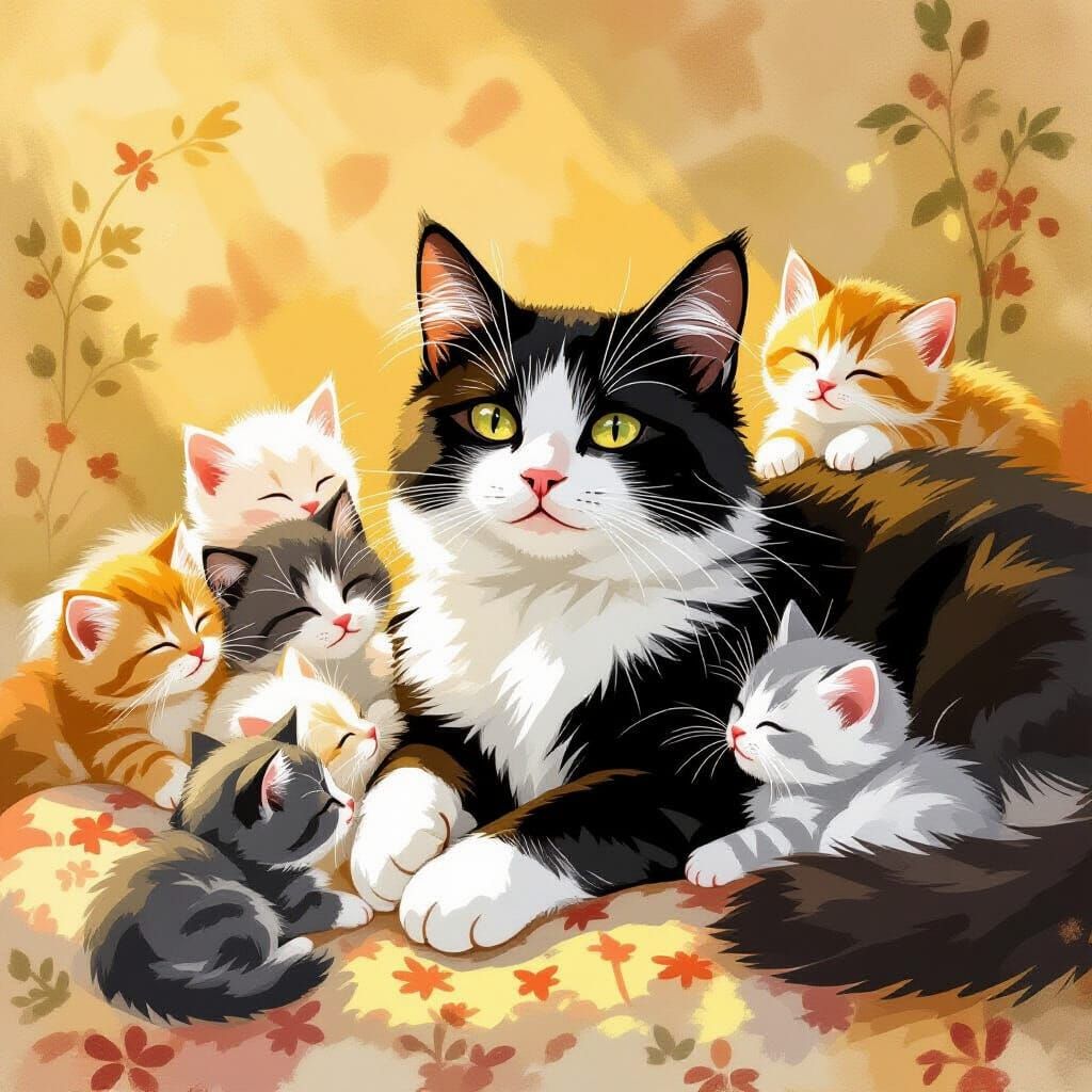 Whimsical Cats Cuddling in Sunny Spot