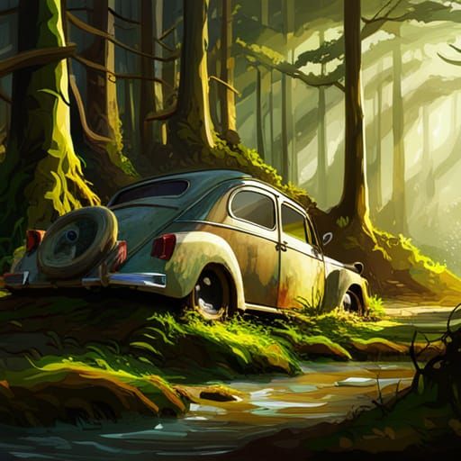 Moss-Covered Car Engine in Forest, Hyperrealistic Art
