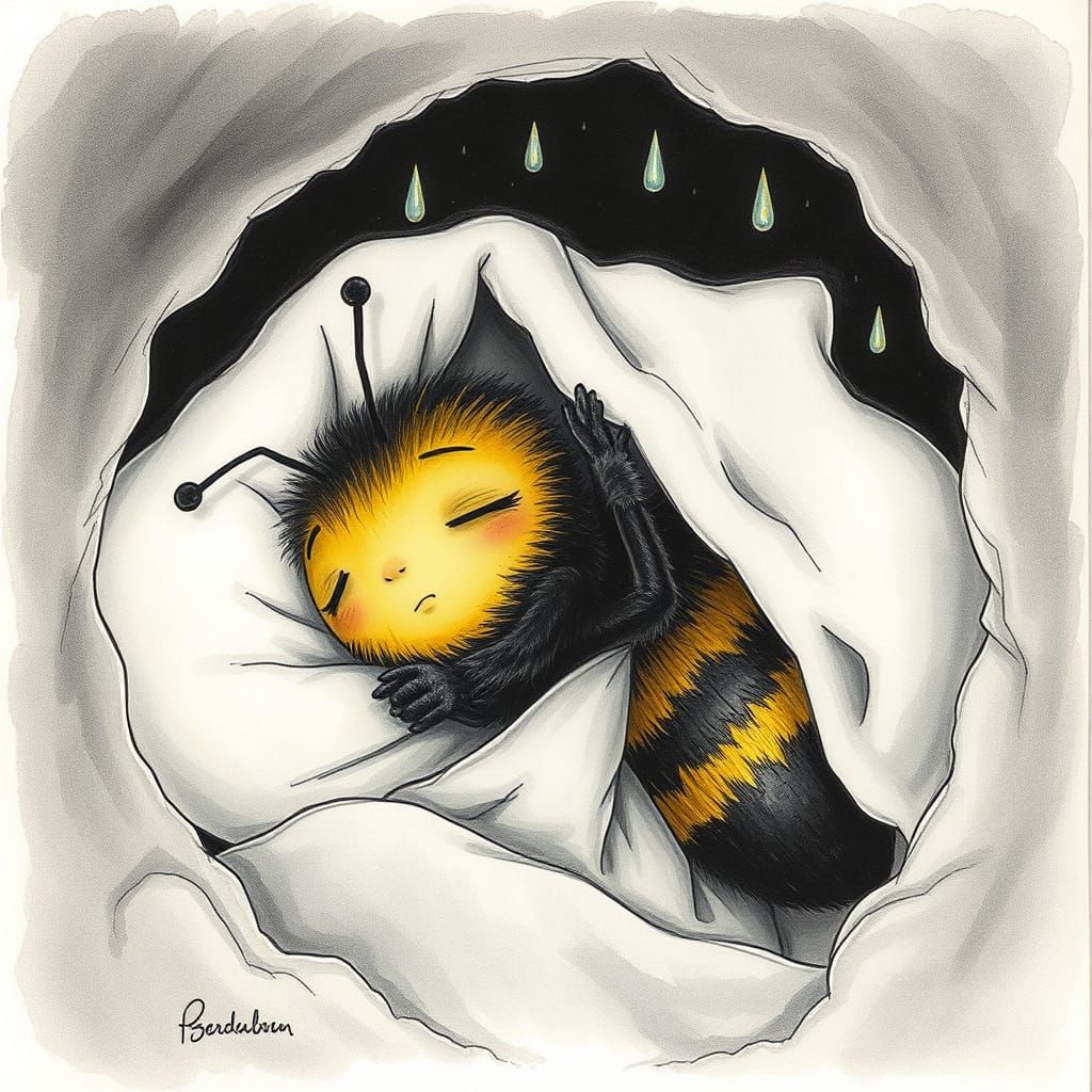 Bumblebee Snuggled in Bed, Charcoal Illustration