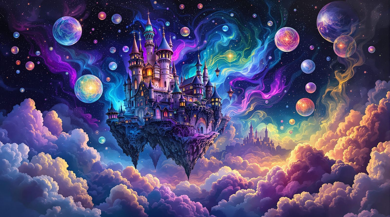 Magical Floating Castle on Psychedelic Clouds