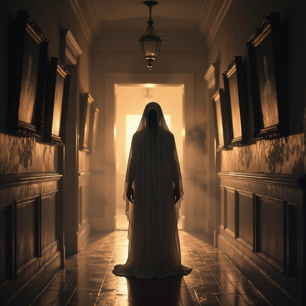 Ethereal Ghost in Hallway with Gothic Horror Aesthetic