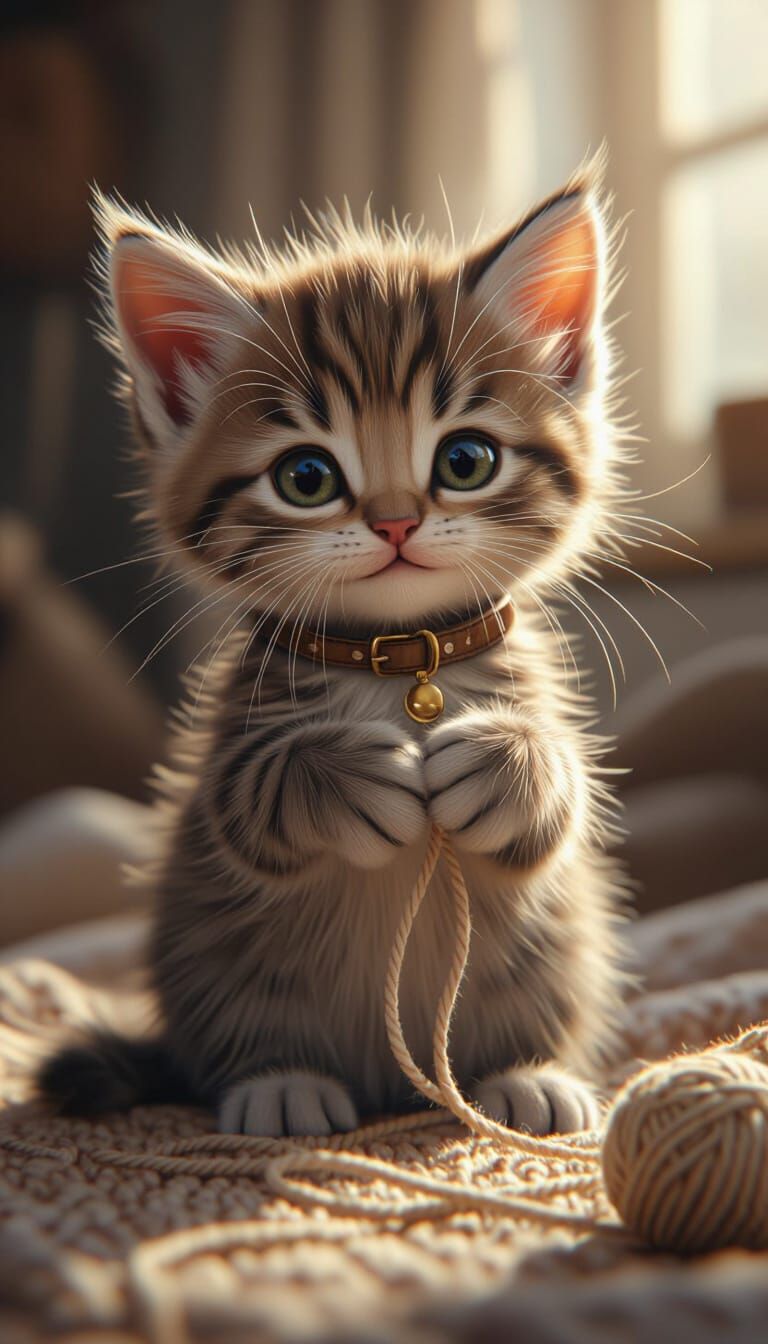 Hyperrealistic Kitten Playing with Yarn