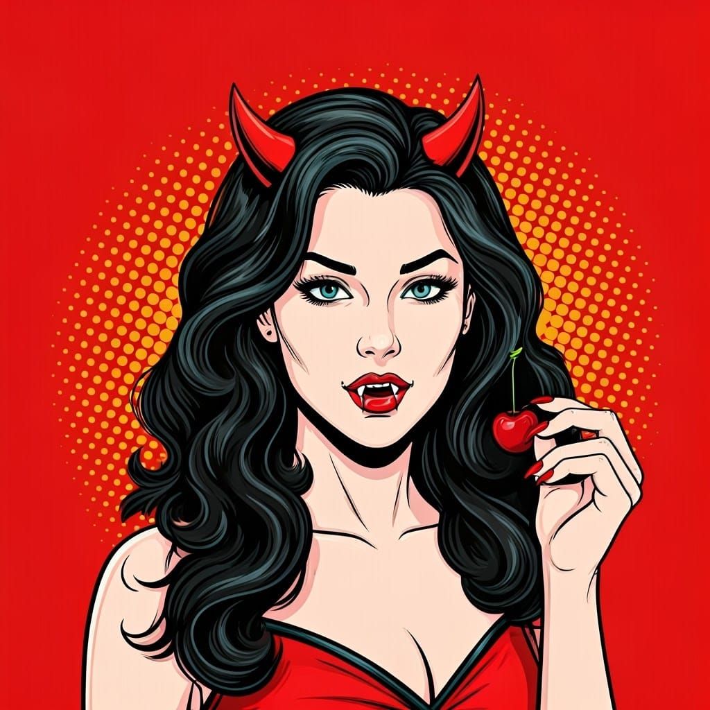 Pop Art Devil Girl Bites Cherry