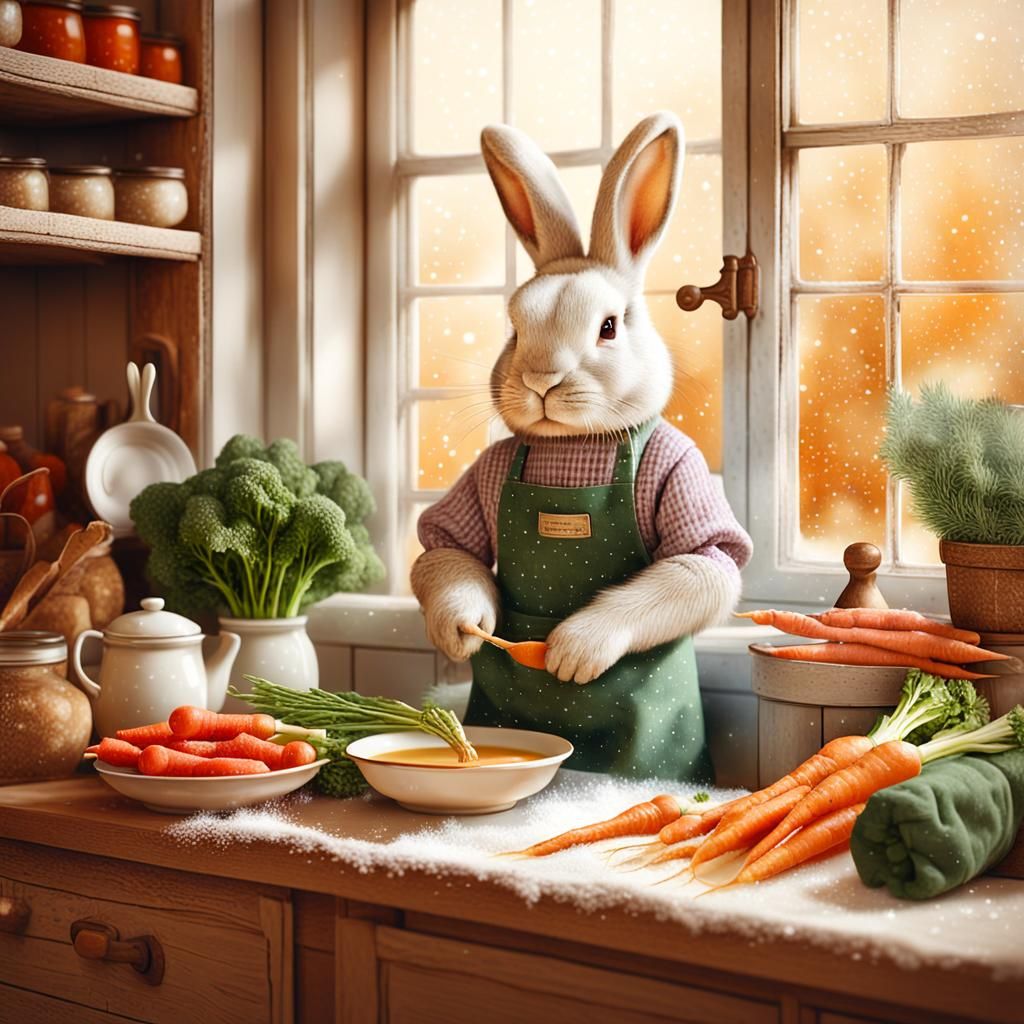 Bunny Chef Prepares Soup: Rustic Illustration