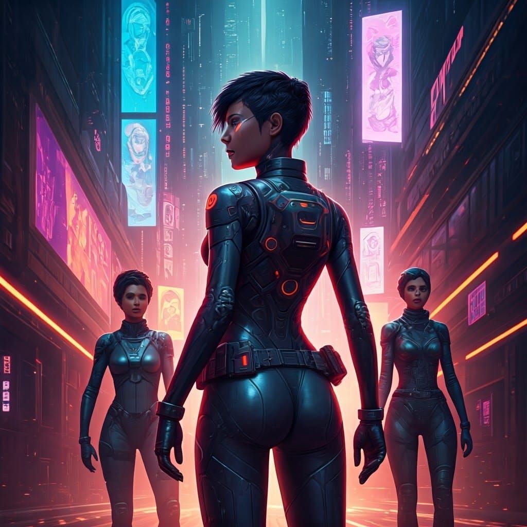 Cyberpunk Heroines in Neon Cityscape, Syd Mead Style