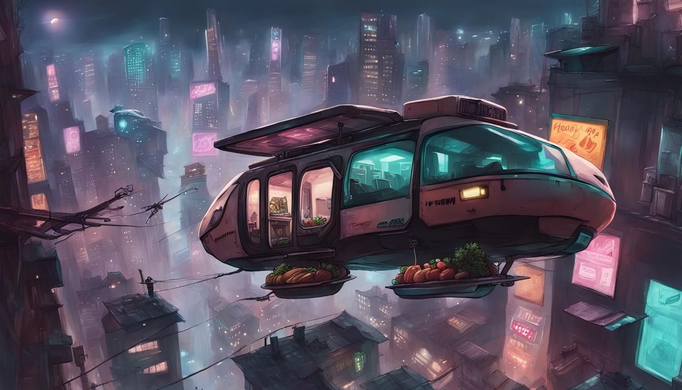 Cyberpunk Food Delivery in Flying Vehicle