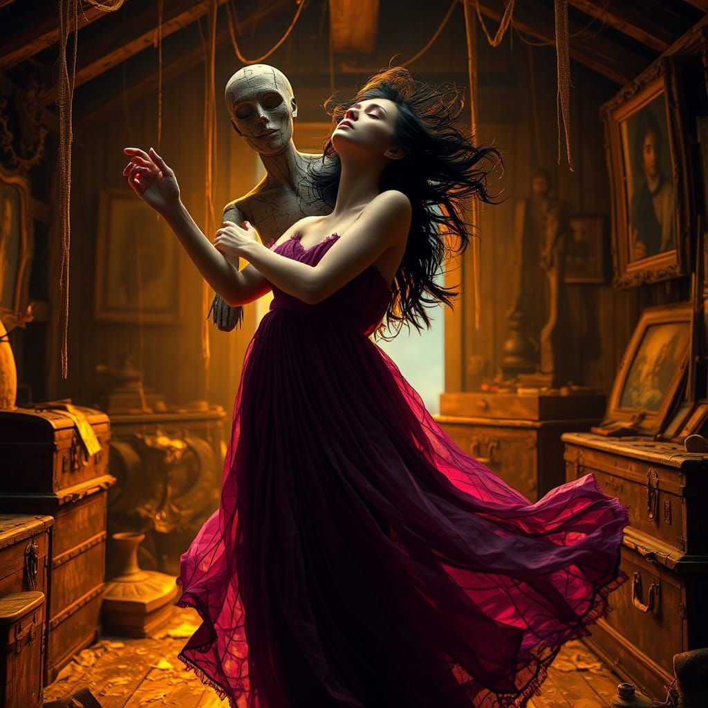 Victorian Woman Dancing with Mannequin in Dark Fantasy Style