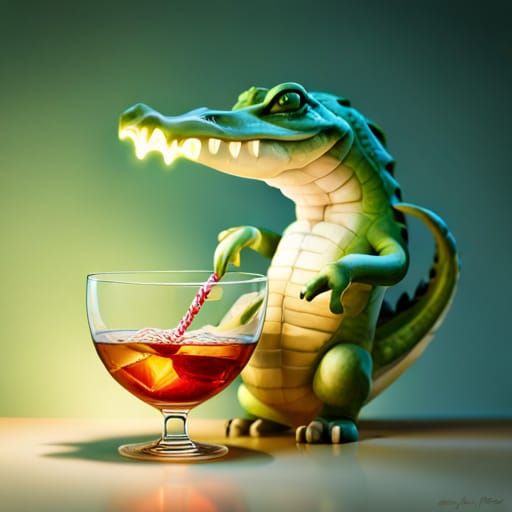 Ghost Crocodile Sips Cocktail: Hyperrealistic Art