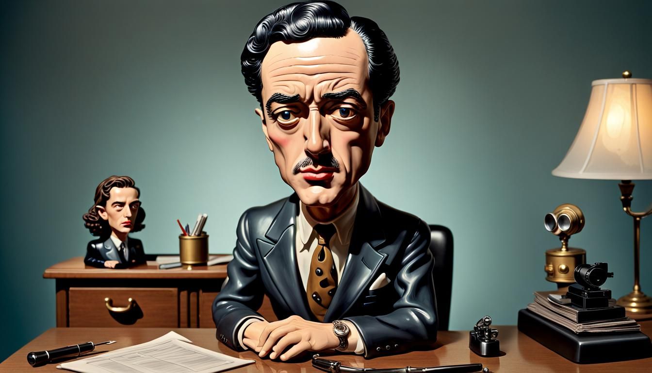 Film Noir Detective Bobblehead in Surreal Setting