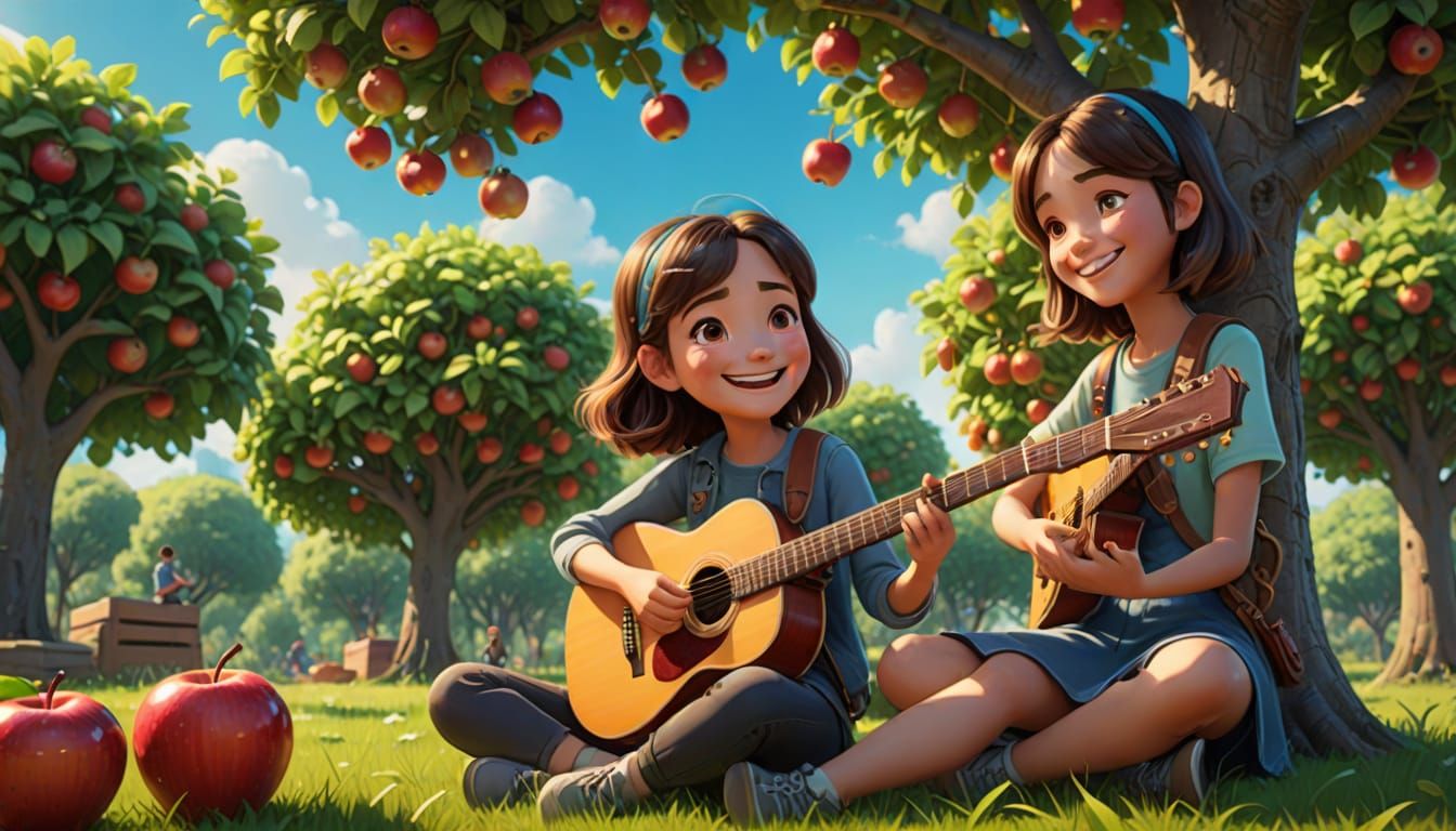 Vibrant Anime-Inspired Girl Plays Guitar Under Apple Tree