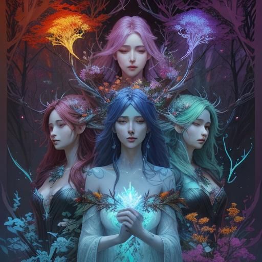 Four Season Dryads in Forest Setting