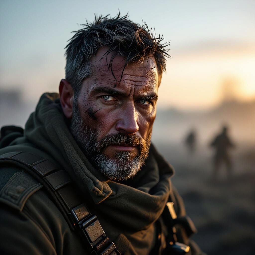 Grizzled Soldier in Volumetric Fog on Desolate Battlefield