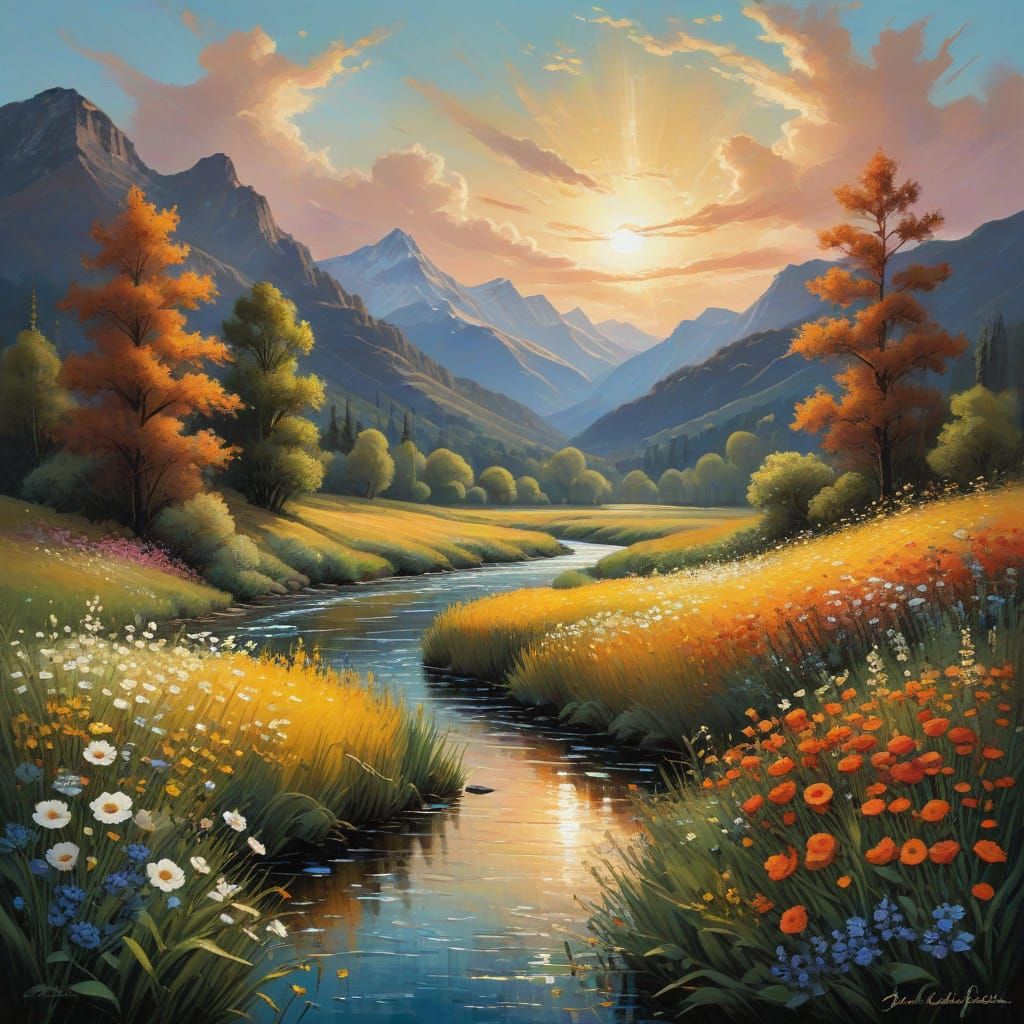 Golden Landscape with Majestic Mountains and Tranquil River