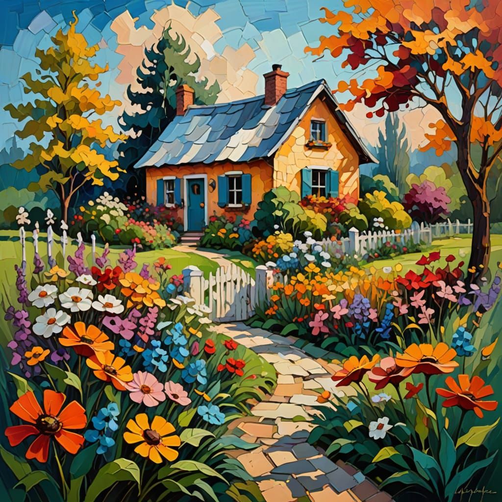 Abstract Expressionist Cottage in a Vibrant Garden