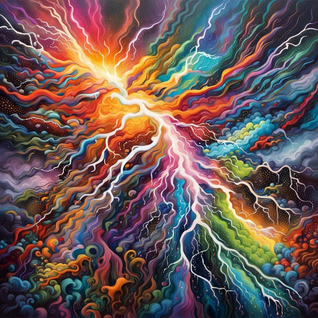 Colorful Lightning Storm over Enchanted Forest, Graffiti Art