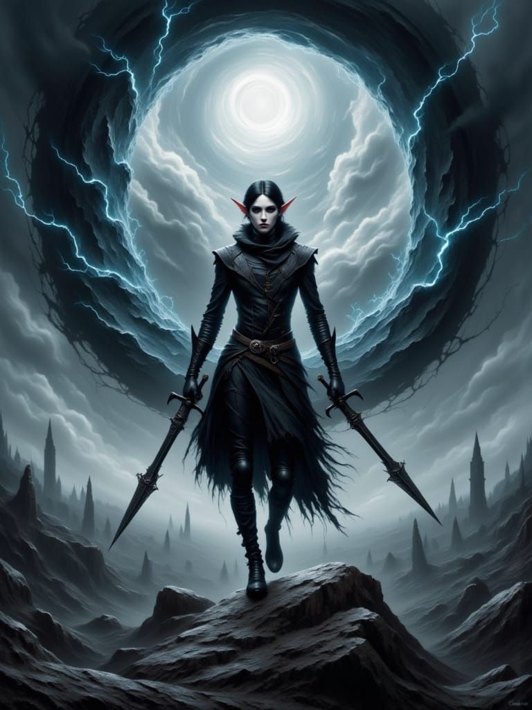 Elf Emerging from Dark Vortex in Haunting Black and White La...