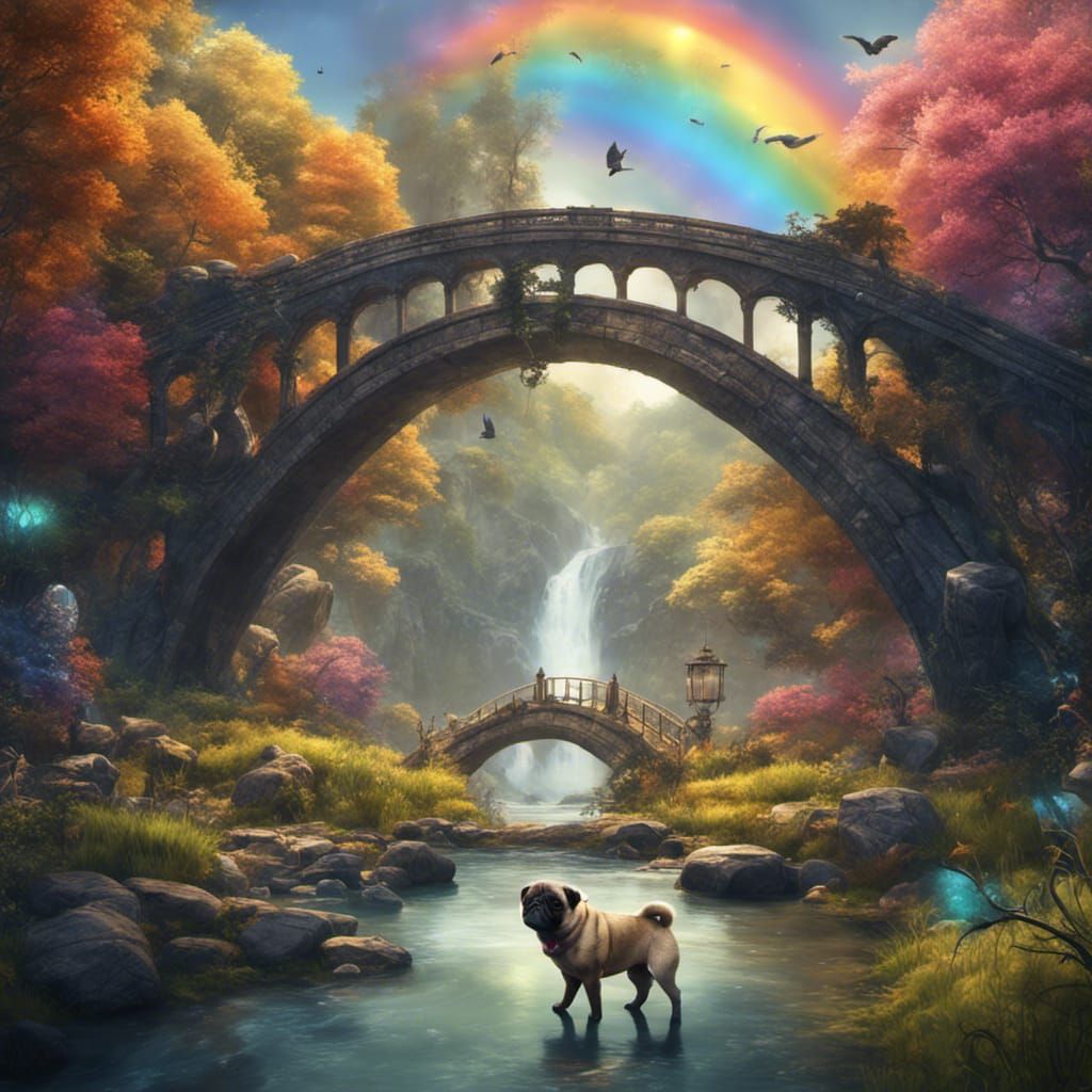 Winged Pug in Rainbow Landscape: Fantasy Concept Art