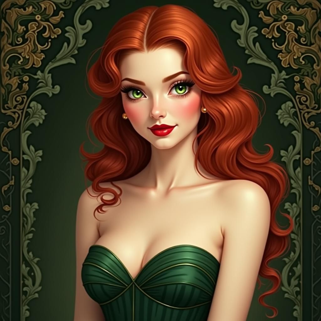 Ravishing Redhead in Green Gown, Art Nouveau Style