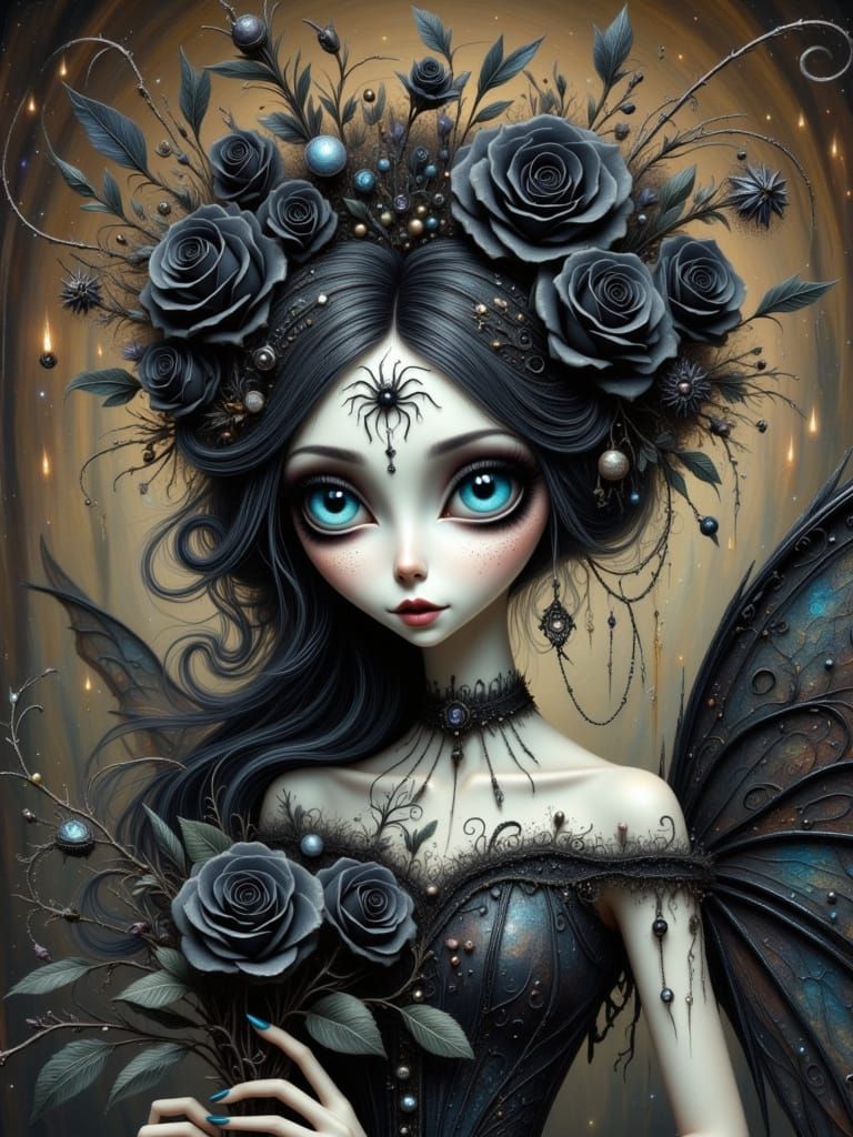 Gothic Fairy with Black Roses in Fantasy Art Style