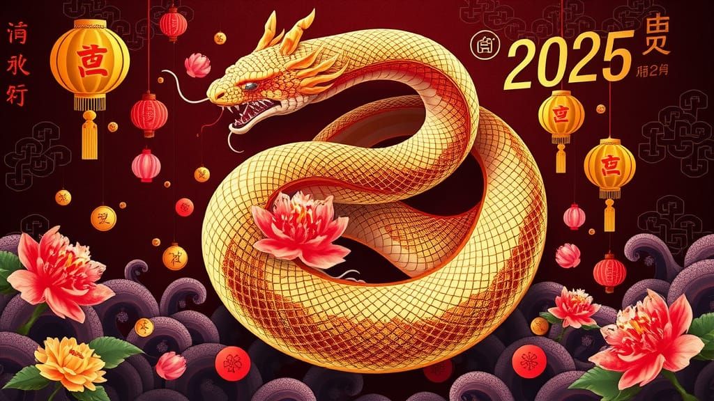 Snake Embodies Lunar New Year Prosperity in Traditional Asia...