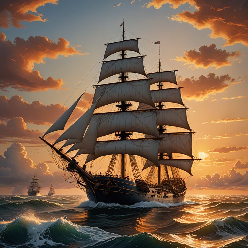 Grand Sailing Ship on Turbulent Sea at Golden Hour Sunset