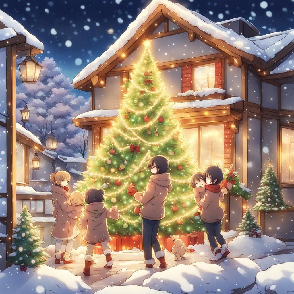 Family Decorating for Christmas in Anime Style