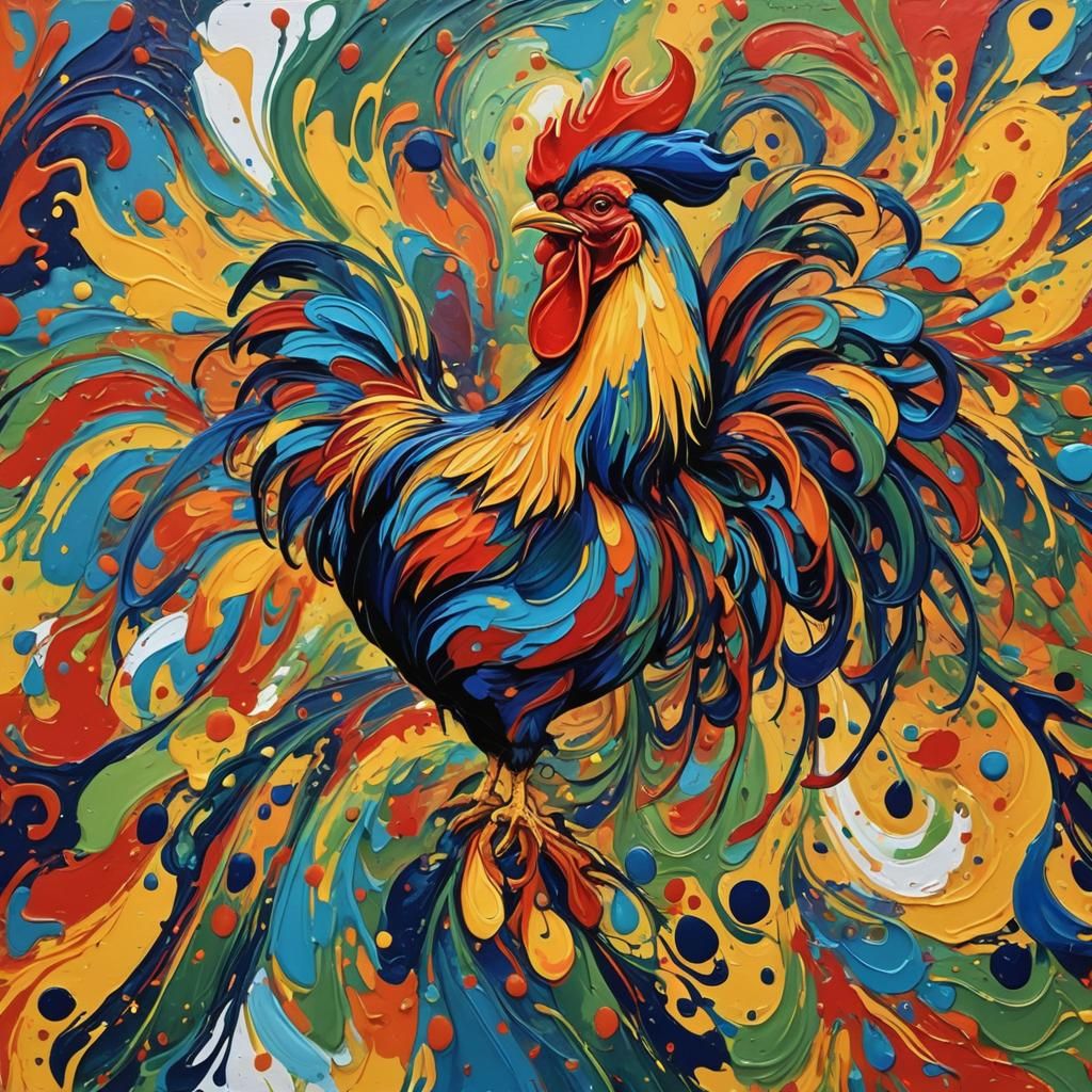 Abstract Poured Paint Rooster in Vivid Colors