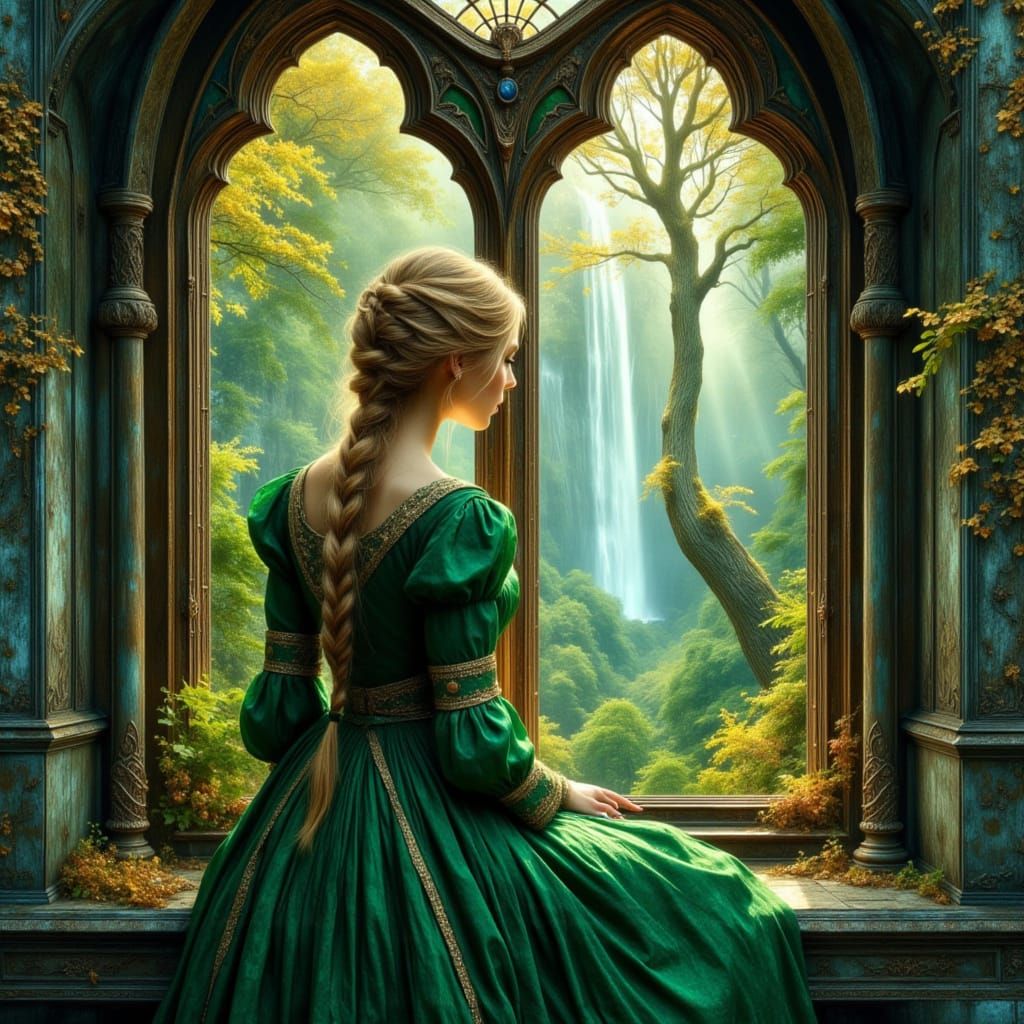 Medieval Lady at Gothic Window in Dreamlike Forest