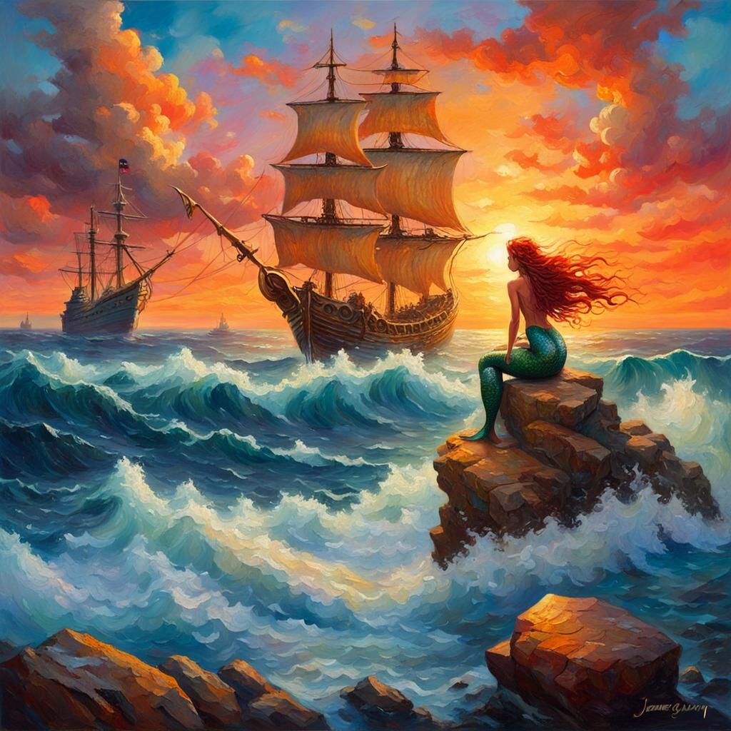 beautiful mermaid sitting on a rock with big ocean waves crashing on the rock and a stormy sea with a pirate ship far of...