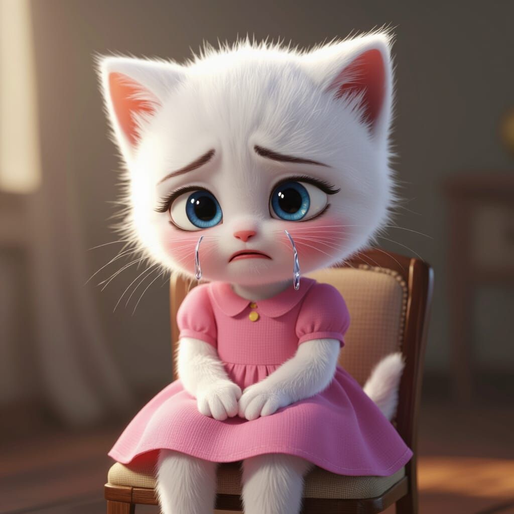 Sad Chiku Kitten Girl Crying in Pink Frock