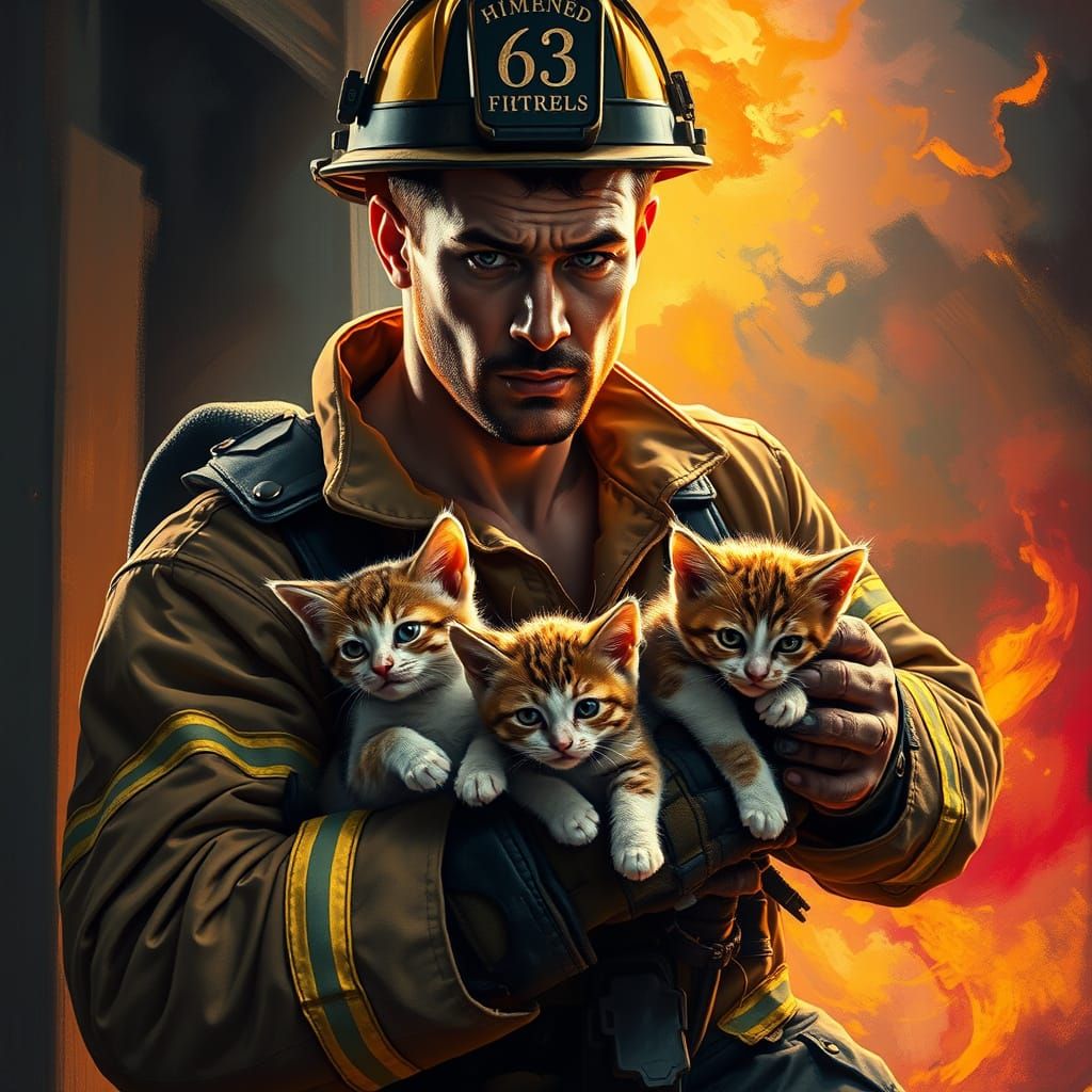 Heroic Firefighter Rescues Kittens in Hyperrealistic Mid-Sho...