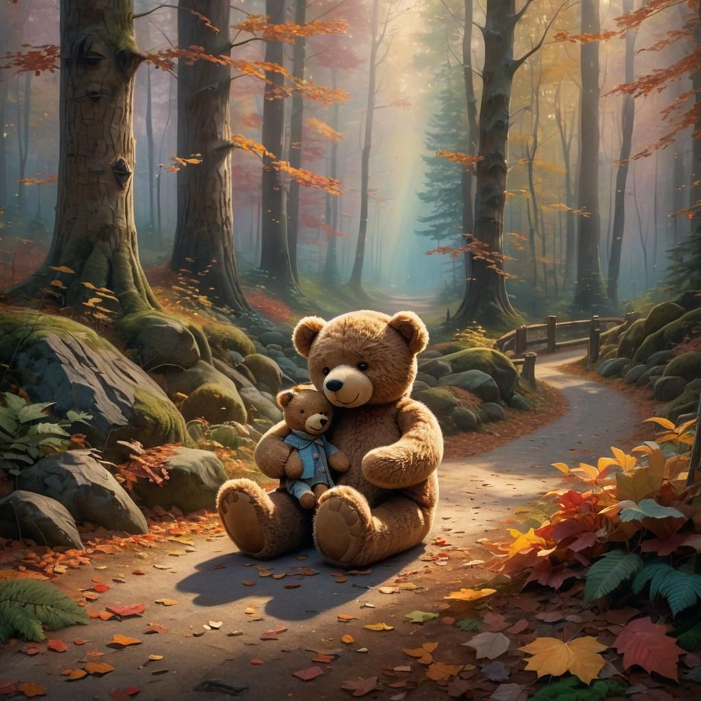 Teddy Bears Embrace in Autumn Fantasy Landscape