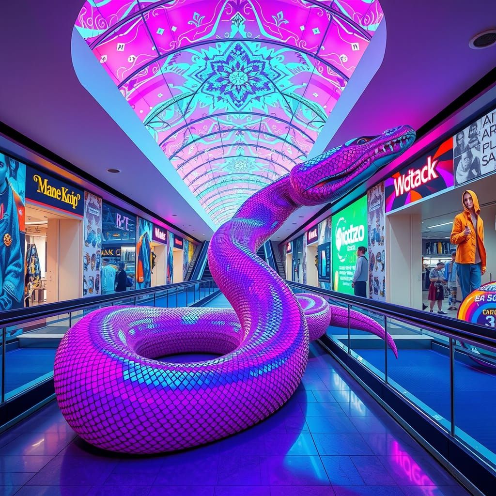 Giant Anaconda in Neon Shopping Mall
