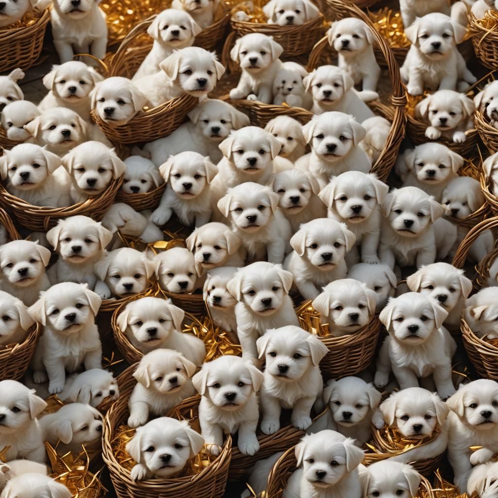Smiling Maltese Puppies in Golden Dust, Detailed Art