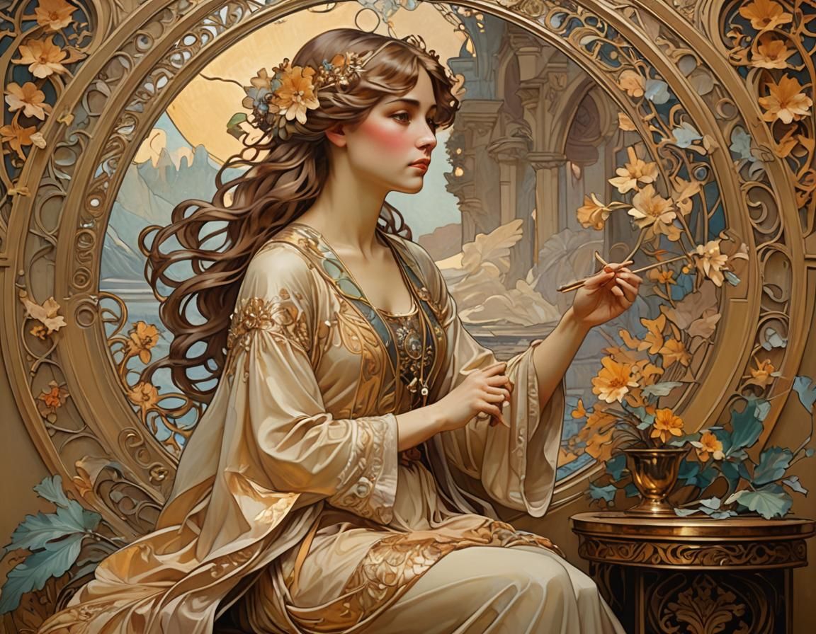 Mucha Painting His Muse: An Art Nouveau Scene