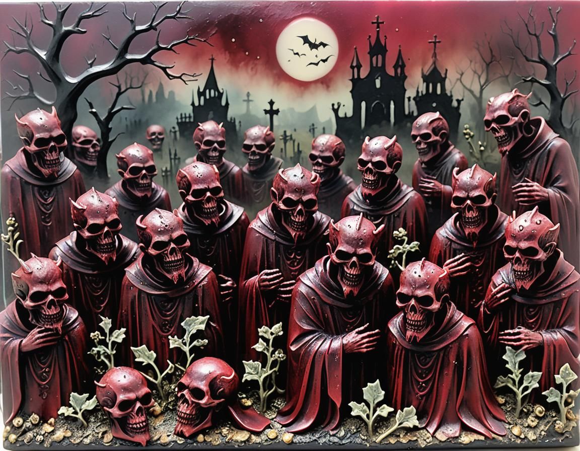 Eerie Burgundy Demons in Encaustic Graveyard